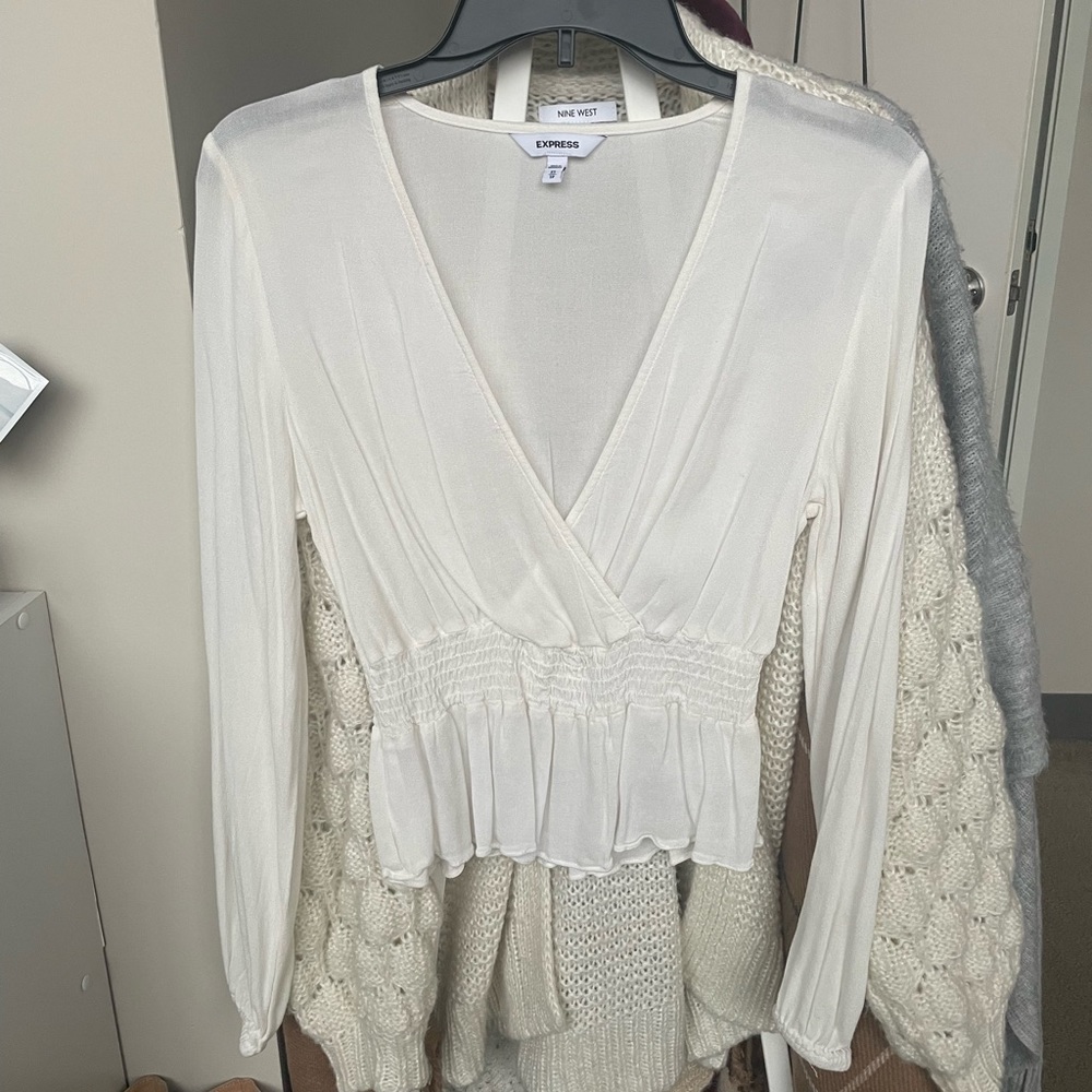 Express Cream Long-Sleeve Surplice Peplum Blouse